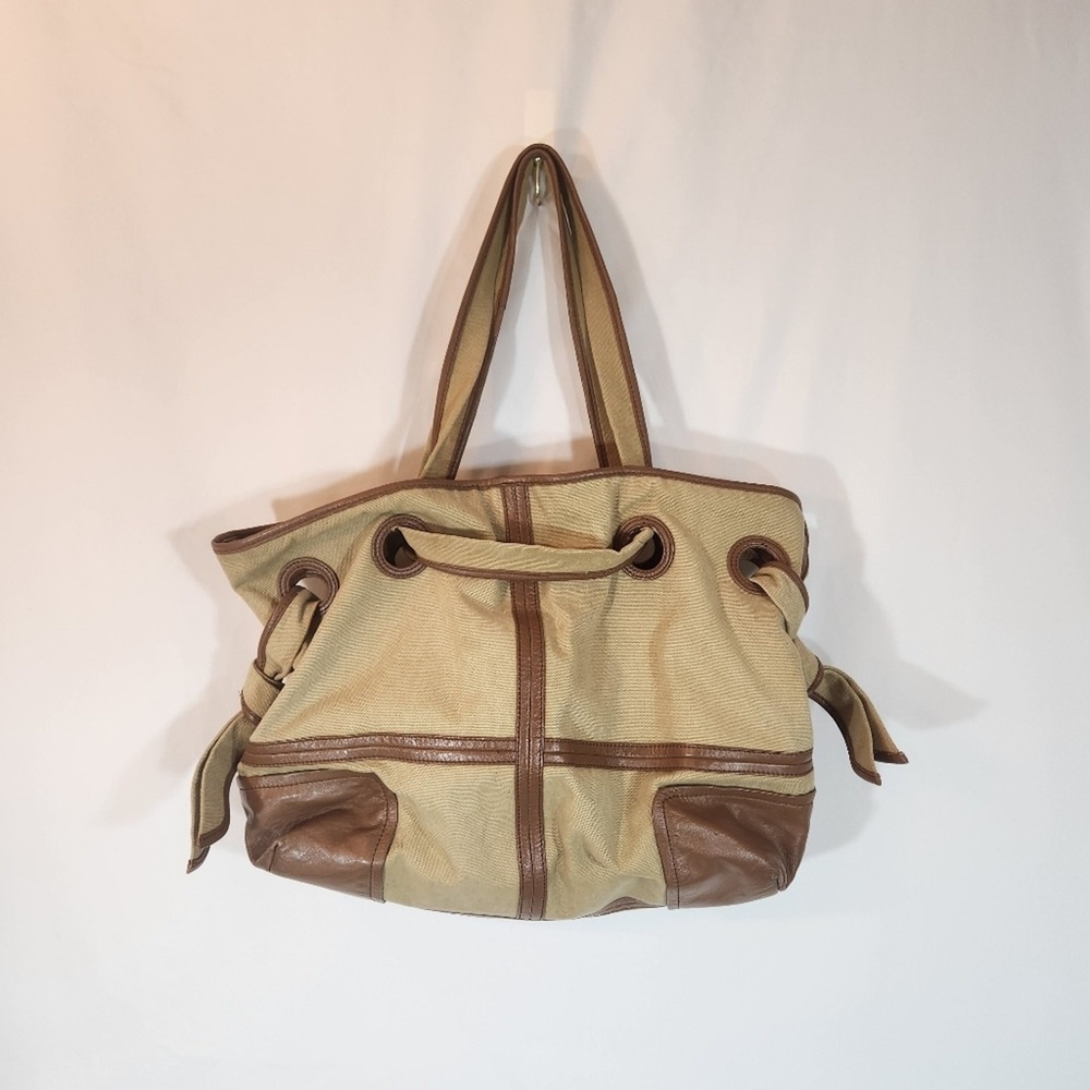 KOOBA Tote Bag Women Large Tan Brown Canvas Leather Trim Hobo Shoulder Handbag